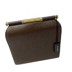Vtg RODO Italy Leather Frame Handbag Clutch Brown Goldtone Embossed Lined